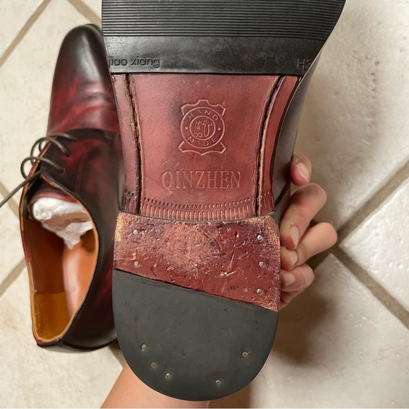 Handmade Premium Leather Oxfords Dress Shoes Pointed Toe Burgundy Tie-dye Effect - Picture 7 of 12